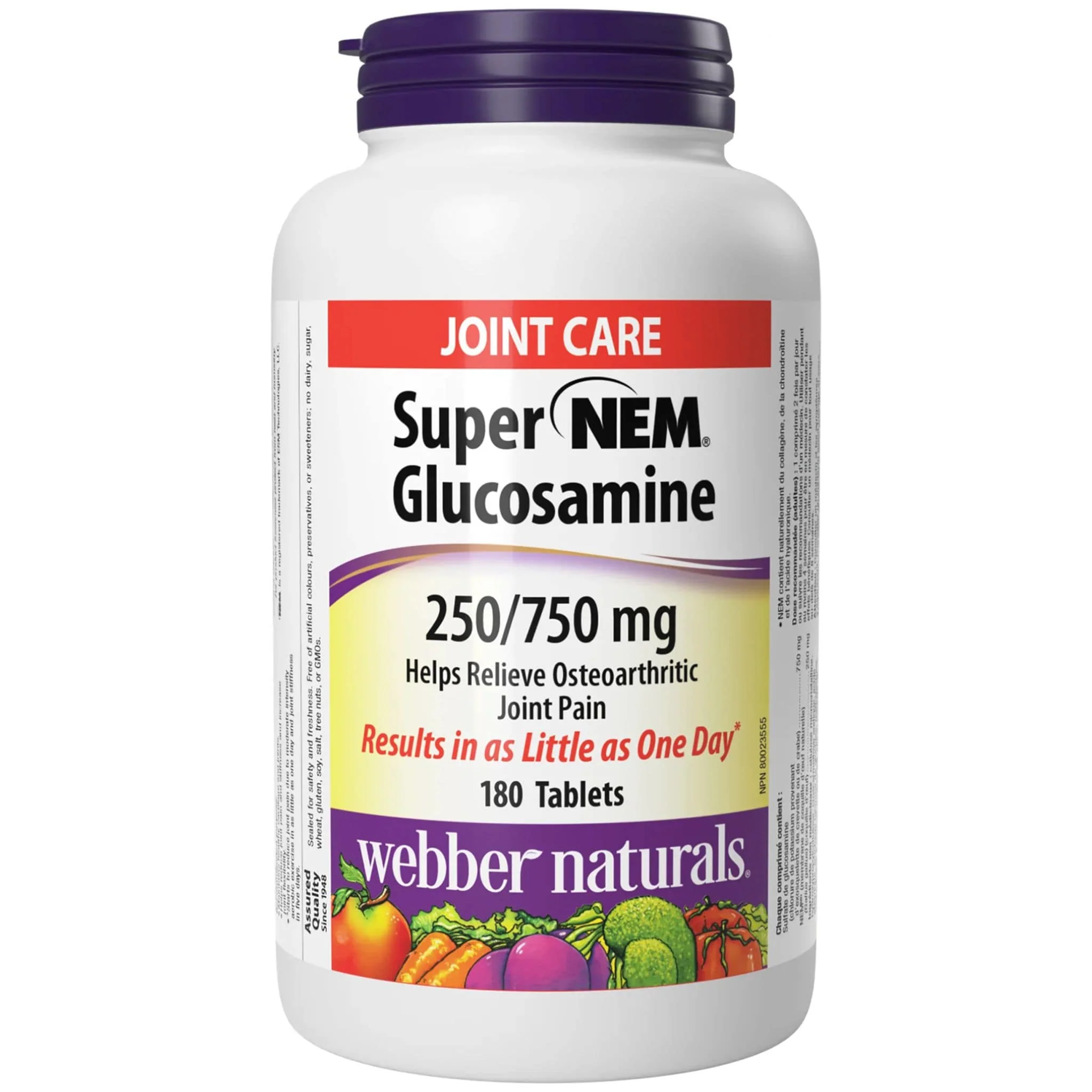 Webber Naturals Super NEM Glucosamine, 250mg and 750mg, Helps Relieve Osteoarthritic Pain, 180 Tablets