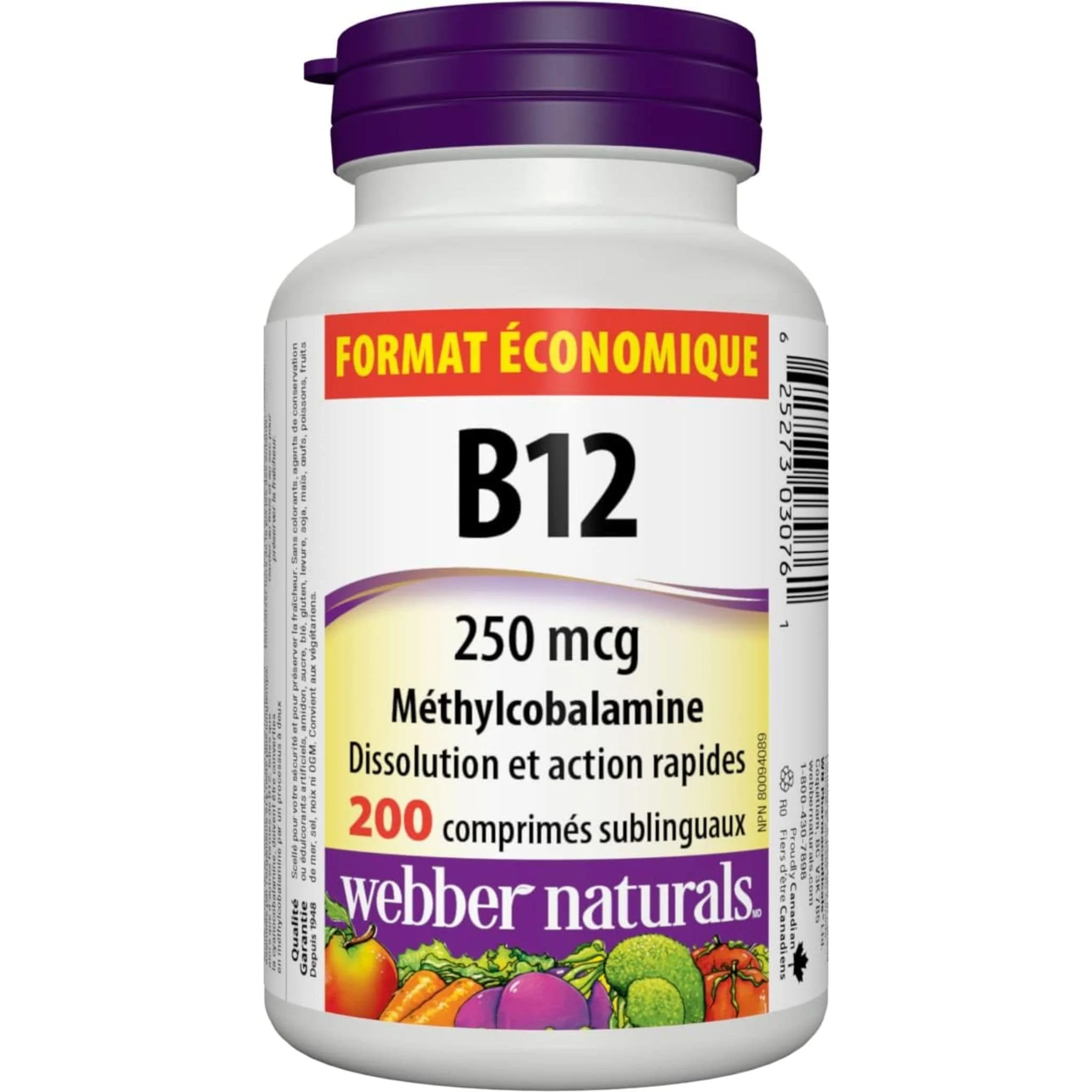Webber Naturals Vitamin B12 Methylcobalamin 250mcg Value Size, 200 Sublingual Tablets - Image 2