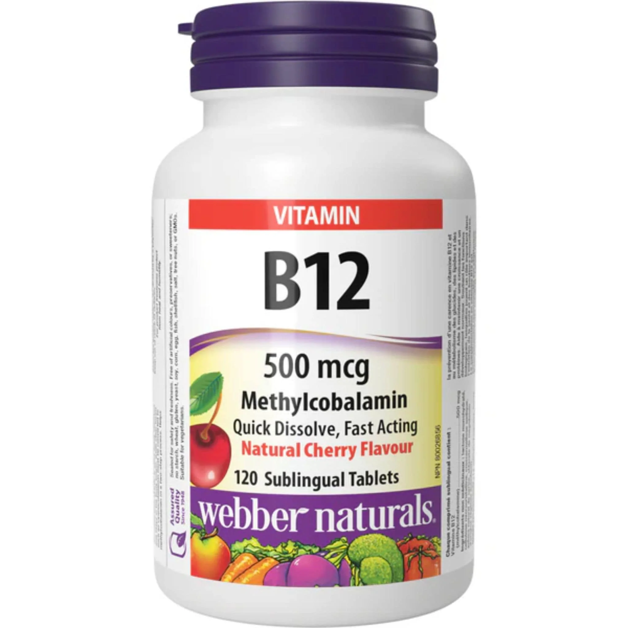 Webber Naturals Vitamin B12 500mcg Methylcobalamin, Cherry Flavoured, 120 Sublingual Tablets