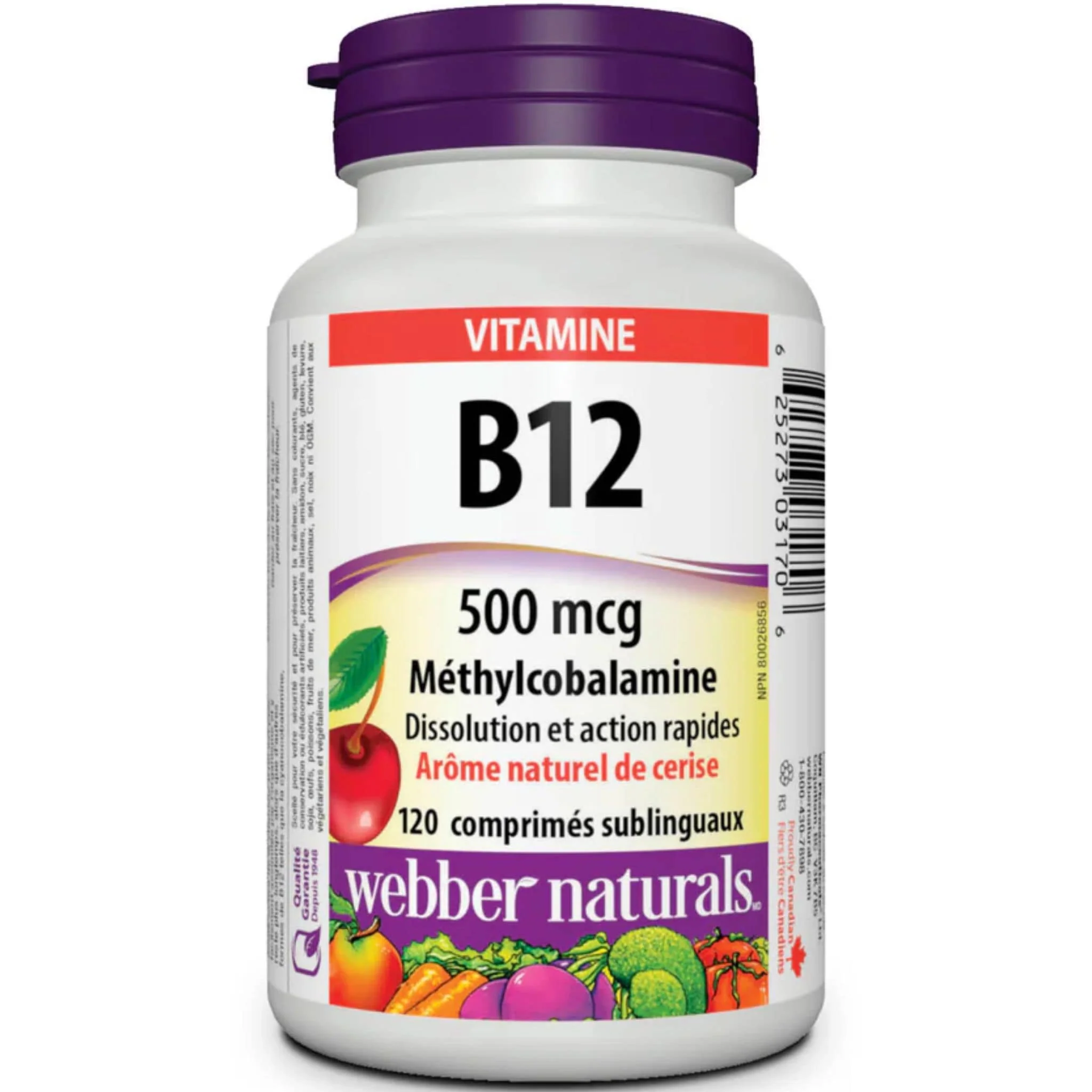 Webber Naturals Vitamin B12 500mcg Methylcobalamin, Cherry Flavoured, 120 Sublingual Tablets - Image 2