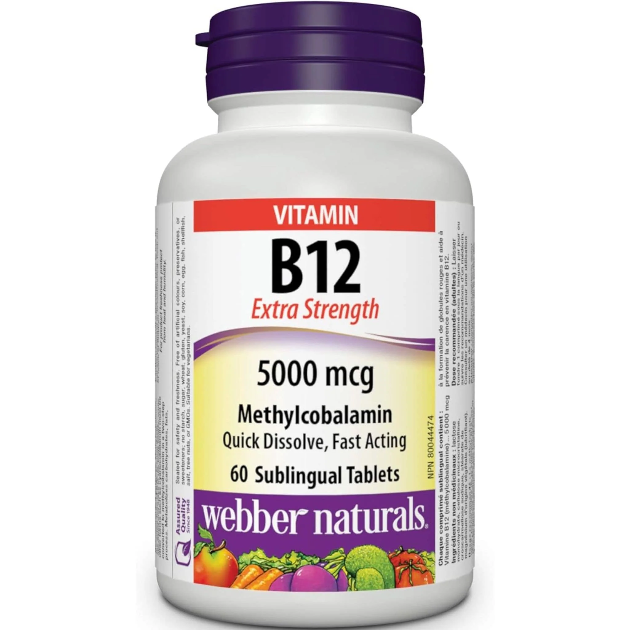 Webber Naturals Vitamin B12, Methylcobalamin, Extra Strength, 5000mcg, 60 Sublingual Tablets