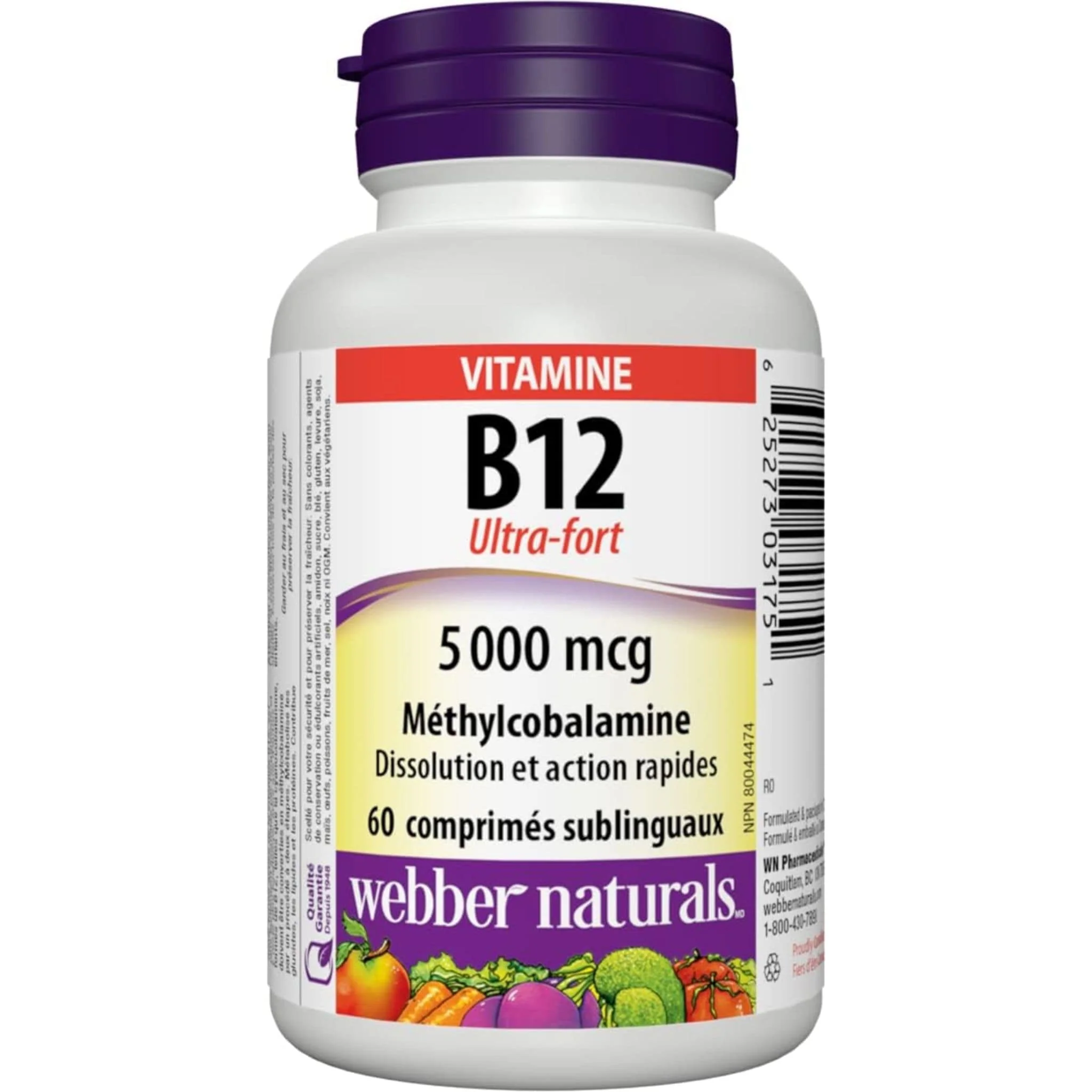 Webber Naturals Vitamin B12, Methylcobalamin, Extra Strength, 5000mcg, 60 Sublingual Tablets - Image 2