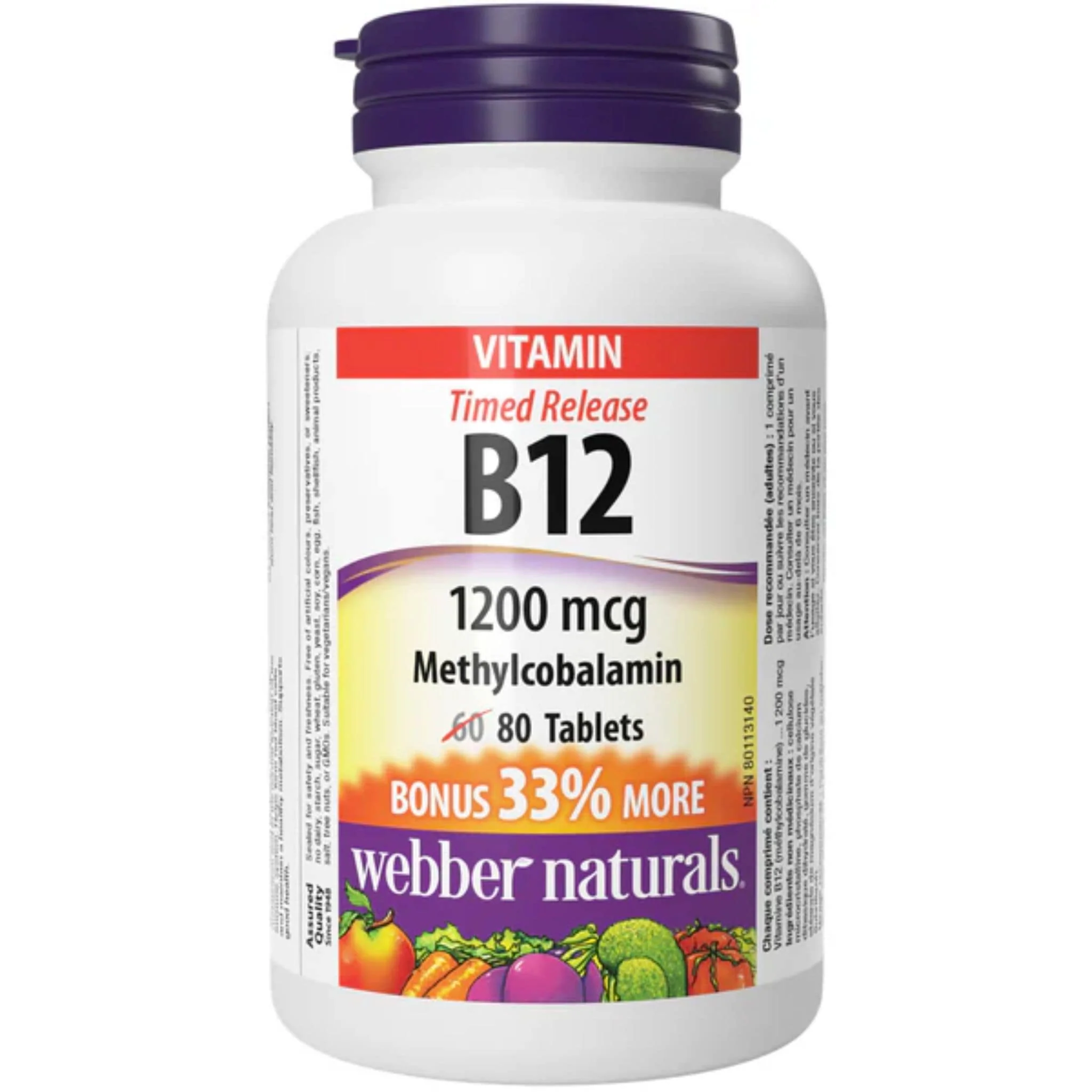 Webber Naturals Vitamin B12, Timed Release, 1200mcg, BONUS! 33% More, 60+20 Tablets