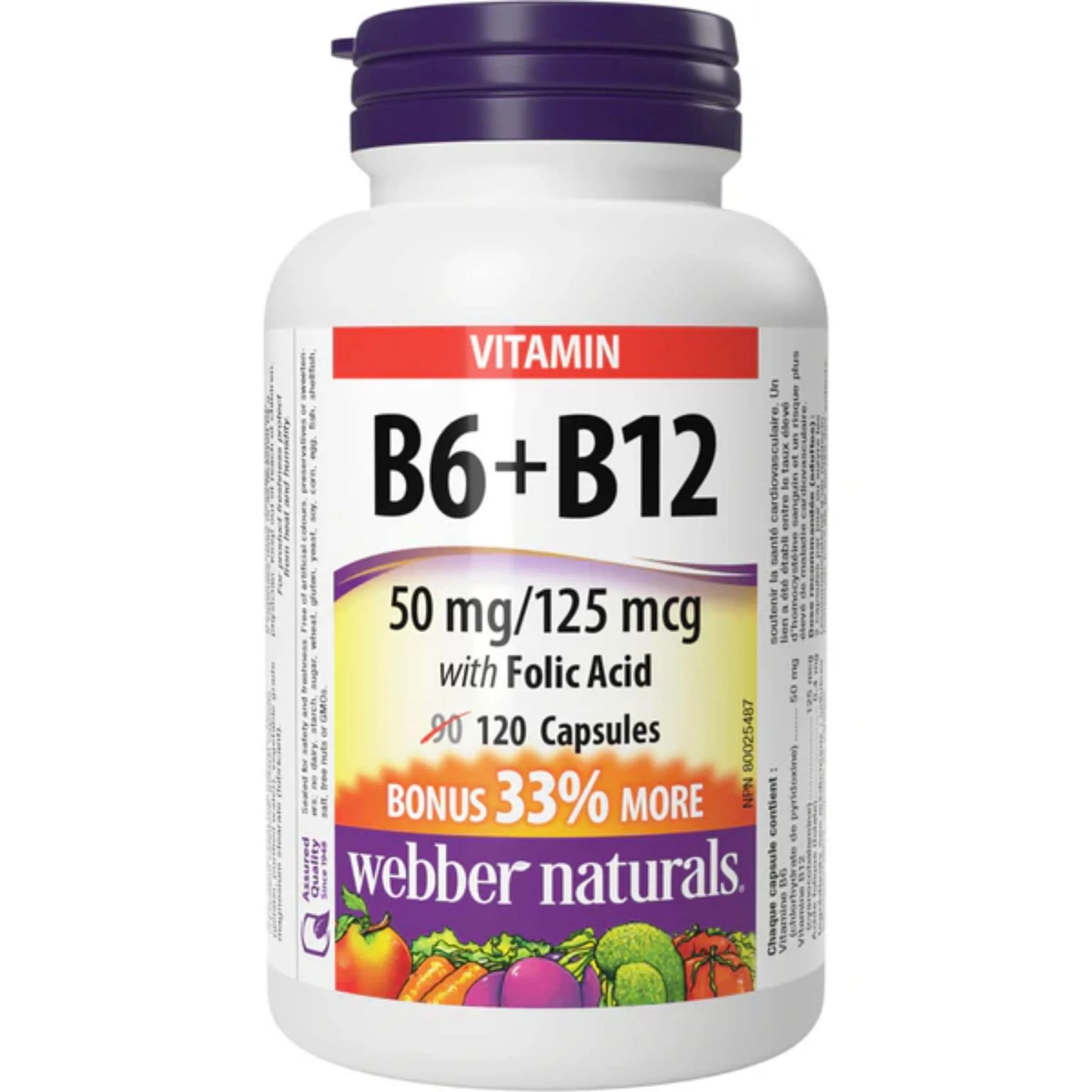 Webber Naturals Vitamin B6 + B12 with Folic Acid, 50mg/125 mcg/0.4 mg, BONUS! 33% More, 90+30 Capsules