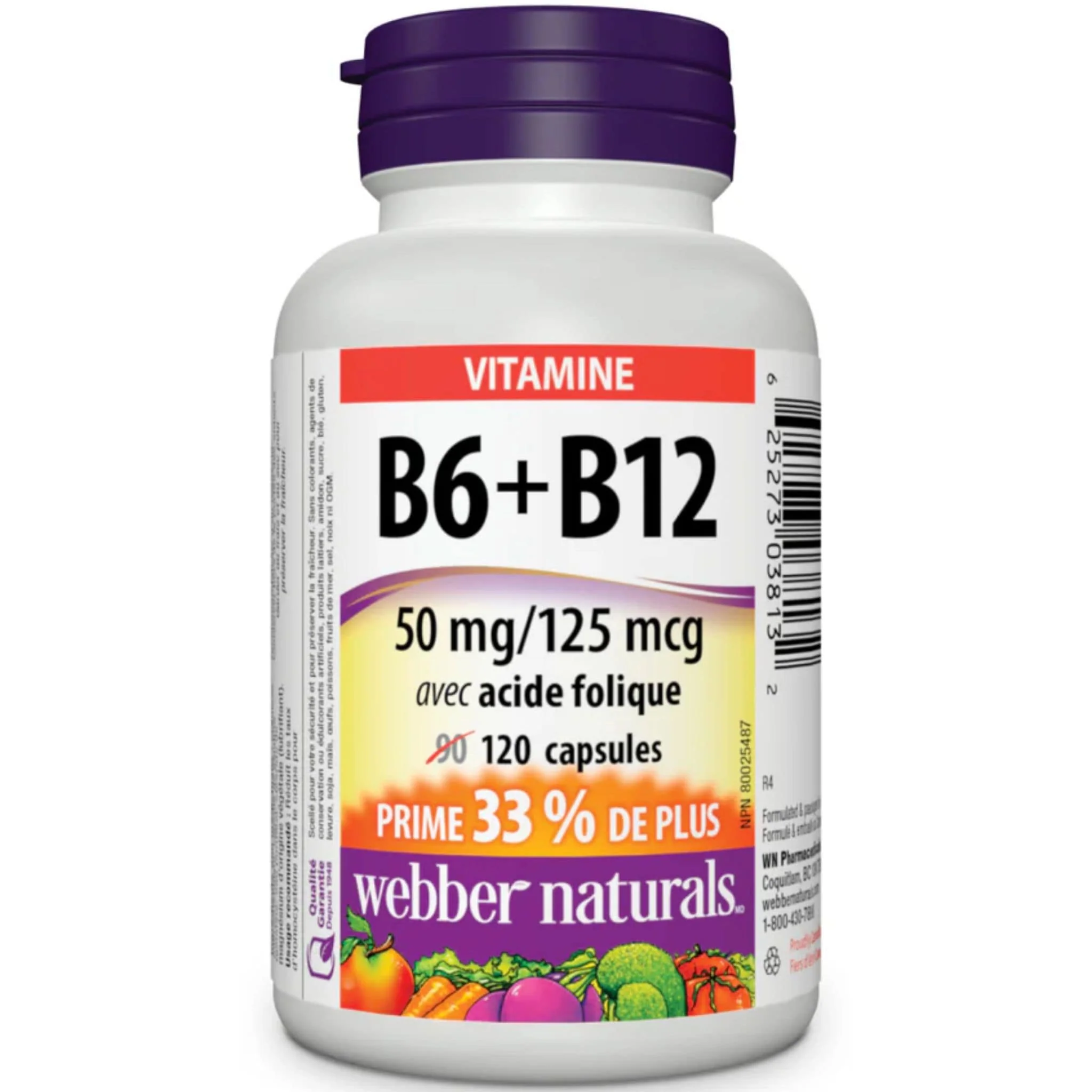 Webber Naturals Vitamin B6 + B12 with Folic Acid, 50mg/125 mcg/0.4 mg, BONUS! 33% More, 90+30 Capsules - Image 2