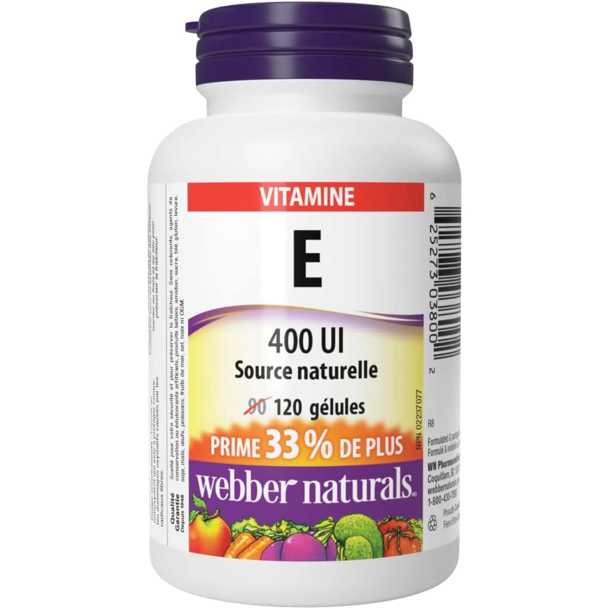 Webber Naturals Vitamin E 400IU, Natural Source, BONUS! 33% More, 120 Softgels - Image 2