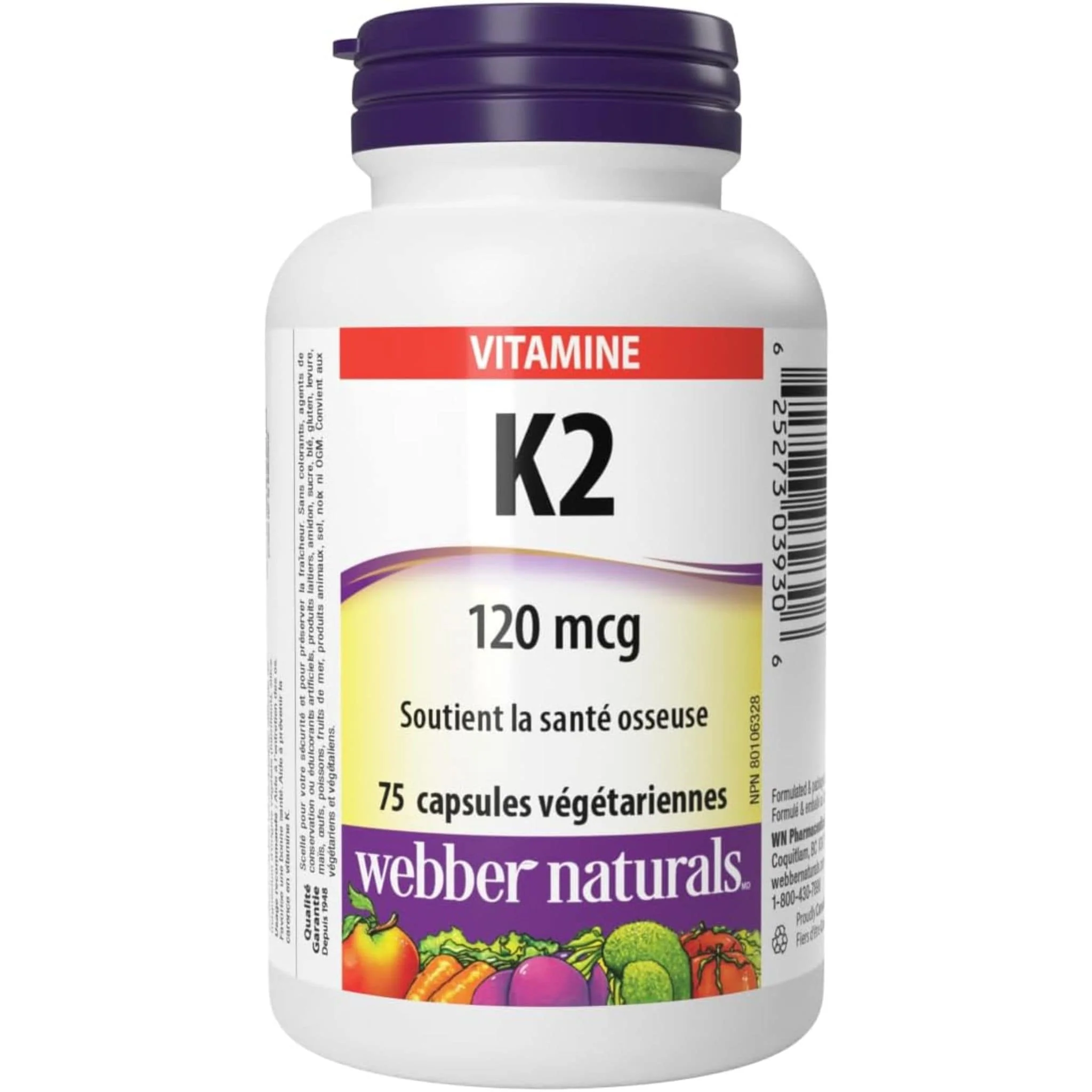 Webber Naturals Vitamin K2 120mcg, MK-7 24-Hour Bone Protection, Helps Support Bone Health, 75 Vegetable Capsules - Image 2