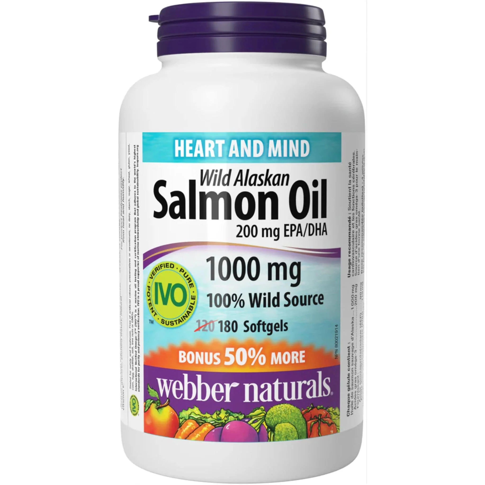 Webber Naturals Wild Alaskan Salmon Oil, 100% Pure, 1000mg, BONUS! 50% More, 180 Softgels